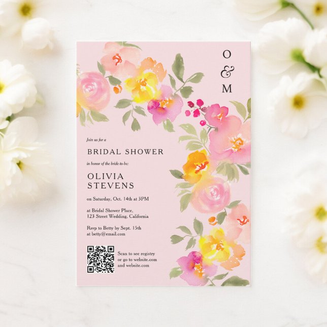 Blommigt monogram Qr-möhippa för fotorosa Inbjudningar (Floral monogram Qr code photo pink bridal shower Invitation)