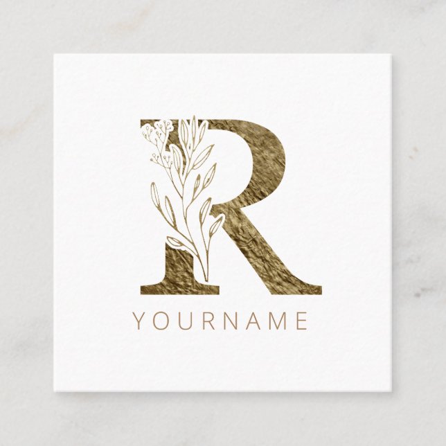 Blommigt Monogram R Elegant Guld Foliage Fyrkantigt Visitkort (Framsida)