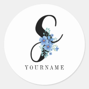 Blommigt Monogram S Blue Flower Burst Runt Klistermärke