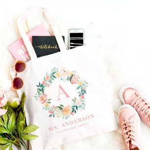 Blommigt Monogram Söt Anpassningsbar Tote Bag Tygkasse