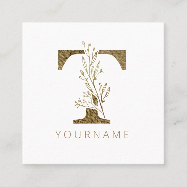 Blommigt Monogram T Elegant Guld Foliage Fyrkantigt Visitkort (Framsida)