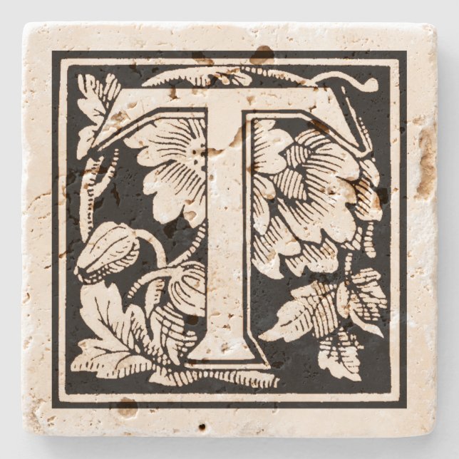 Blommigt Monogram "T" på Sepiatorget Underlägg Sten (Framsidan)