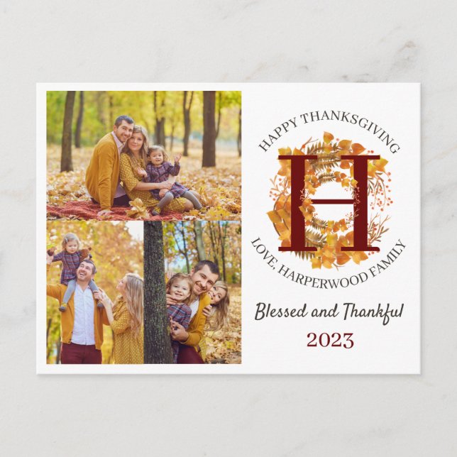 Blommigt Monogram Thanksgiving Family Fotokollage Helg Vykort (Framsida)
