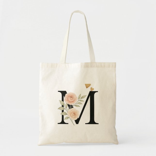 Blommigt Monogram Tote Bag - Brev M Tygkasse (Framsidan)