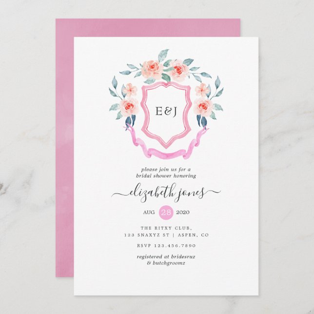 Blommigt Monogram Vapensköld Möhippa Inbjudningar (Fram/baksida)