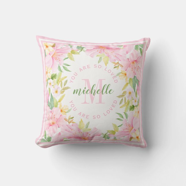 Blommigt Monogram Vattenfärg  Rosa Flicka Kudde (Framsida)