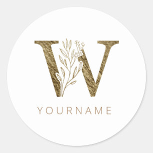 Blommigt Monogram W Elegant Guld Foliage Runt Klistermärke