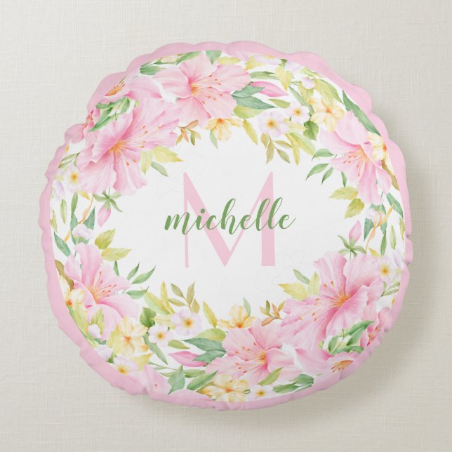 Blommigt Monogram Watercolor Botanical Rosa Grönt Rund Kudde (Framsidan)