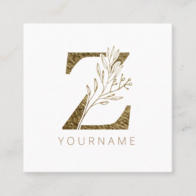 Blommigt Monogram Z Elegant Guld Foliage Fyrkantigt Visitkort (Framsida)