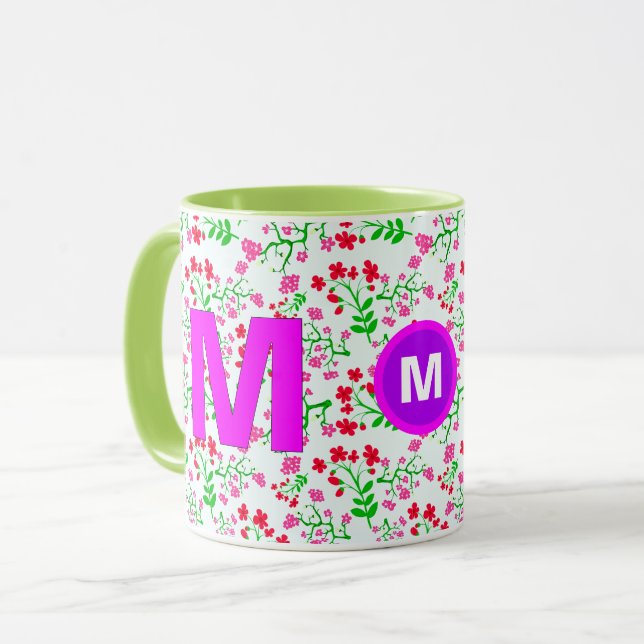 Blommigt Monogrammed Mugg för första kaffe för fli (Framsida vänster)