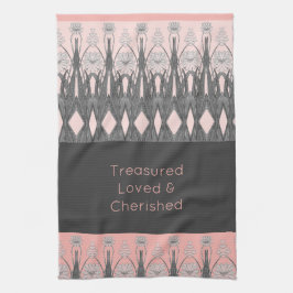 Blommigt mönstrad dekorativ rosa och grått kökshandduk