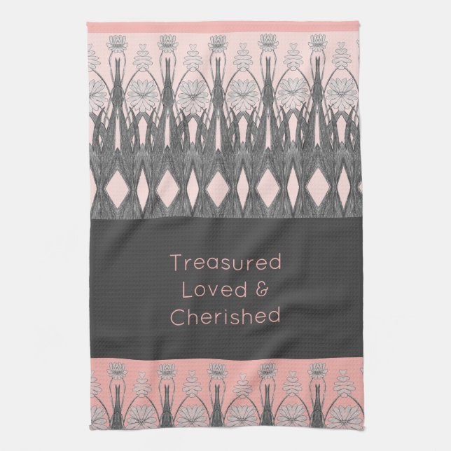 Blommigt mönstrad dekorativ rosa och grått kökshandduk (Vertikal)