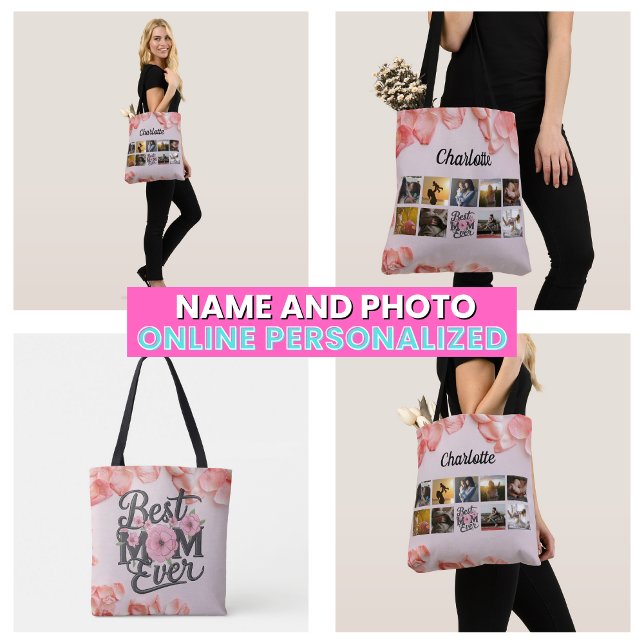Blommigt Mor fotto Collage Script Best Mamma någon Tygkasse (Floral Mother's Photo Collage Script Best Mom Ever Tote Bag)