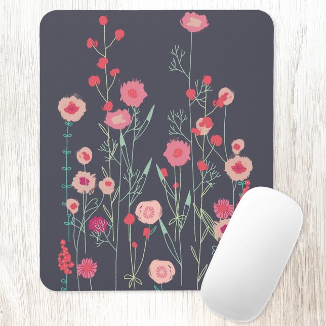 Blommigt Mörk Boho Musmatta (Plymouth Flowers pink and charcoal gray mouse mat)