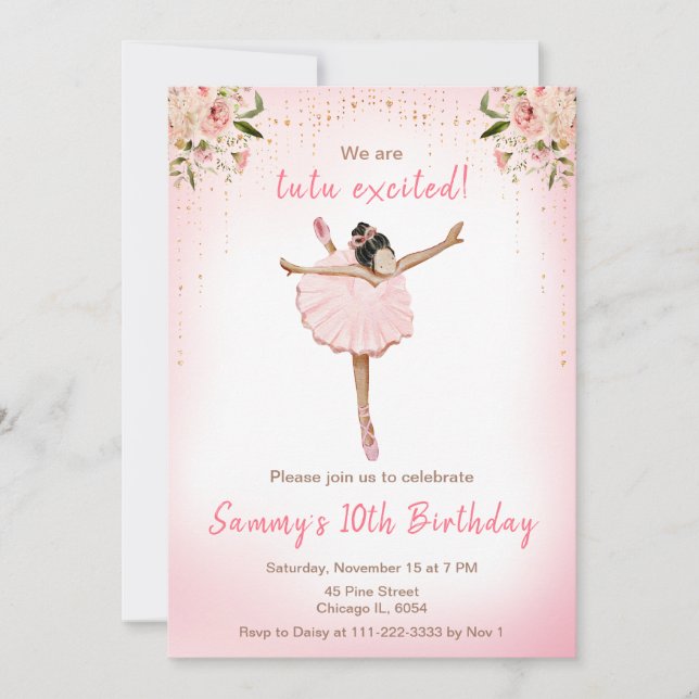 Blommigt Mörk Hud Ballerina Birthday Inbjudningar (Framsida)