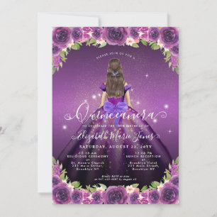 Blommigt Mörk Lila Guld Glam Princess Quinceanera Inbjudningar