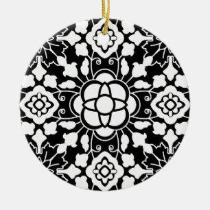 Blommigt Moroccan Tile, Black and White Ceramic Or Julgransprydnad Keramik
