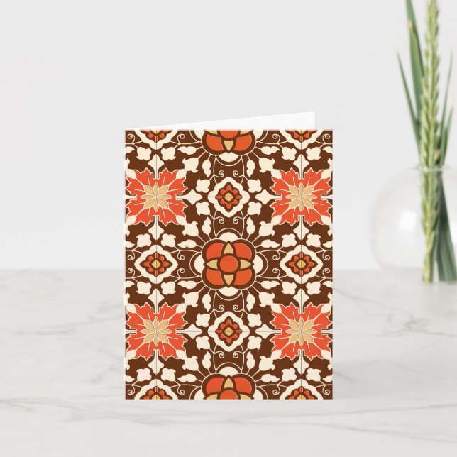 Blommigt Moroccan Tile, Brown, Rust och Beige Helgkort (Framsida)