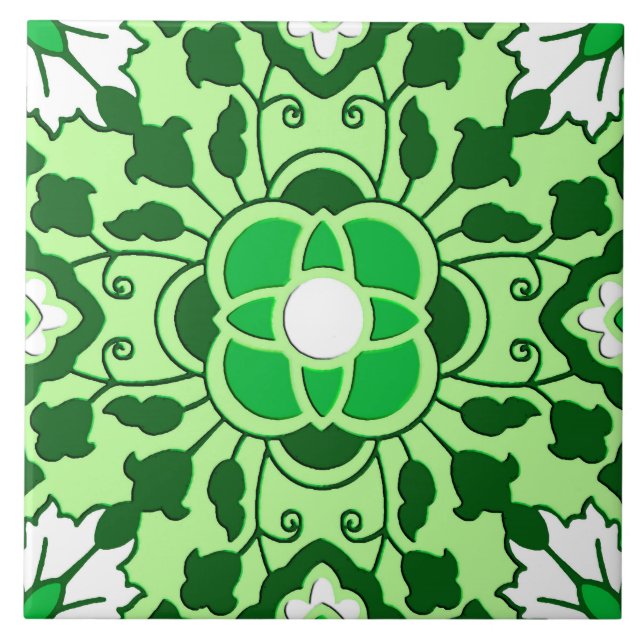 Blommigt Moroccan Tile, Emerald and Lime Green Kakelplatta (Framsidan)