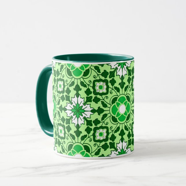 Blommigt Moroccan Tile, Emerald and Lime Green Mugg (Framsida vänster)