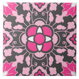 Blommigt Moroccan Tile, Fuchsia Rosa & Grått / Gr Kakelplatta