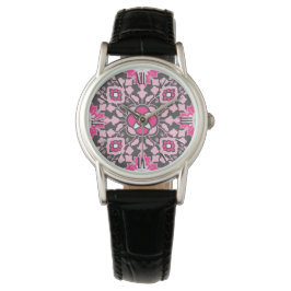 Blommigt Moroccan Tile, Fuchsia Rosa & Grått / Grå Armbandsur