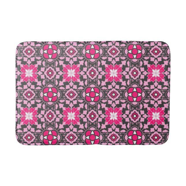 Blommigt Moroccan Tile, Fuchsia Rosa & Grått / Grå Badrumsmatta (Framsidan)