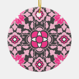 Blommigt Moroccan Tile, Fuchsia Rosa & Grått / Grå Julgransprydnad Keramik