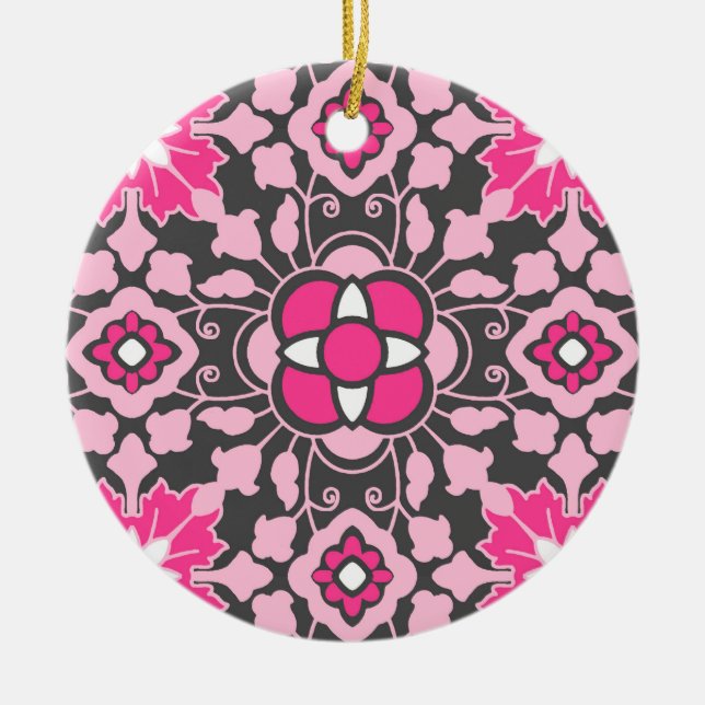 Blommigt Moroccan Tile, Fuchsia Rosa & Grått / Grå Julgransprydnad Keramik (Framsidan)