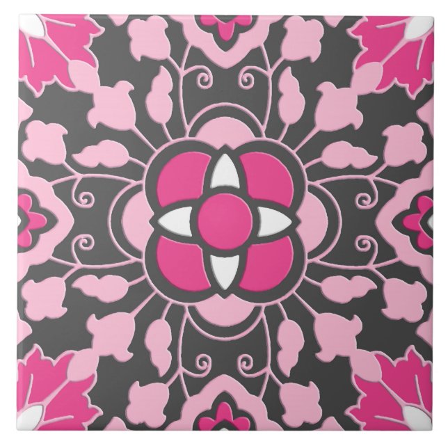 Blommigt Moroccan Tile, Fuchsia Rosa & Grått / Grå Kakelplatta (Framsidan)