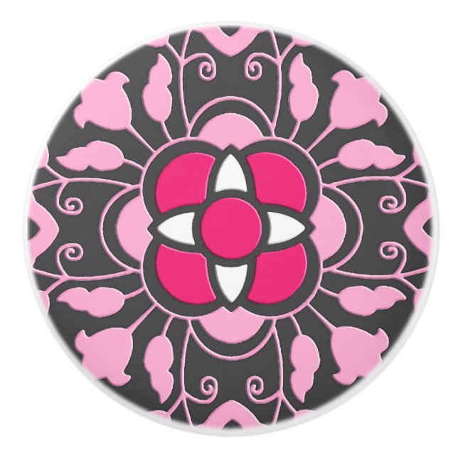 Blommigt Moroccan Tile, Fuchsia Rosa & Grått / Grå Knopp (Framsidan)