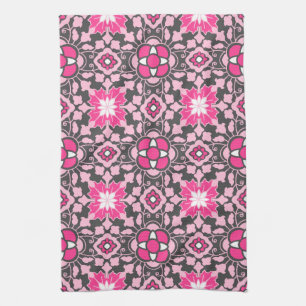 Blommigt Moroccan Tile, Fuchsia Rosa & Grått / Grå Kökshandduk