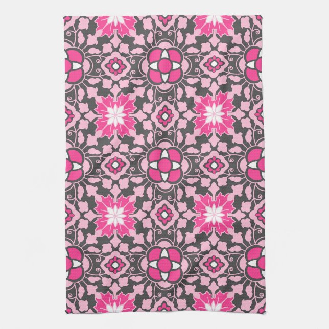 Blommigt Moroccan Tile, Fuchsia Rosa & Grått / Grå Kökshandduk (Vertikal)