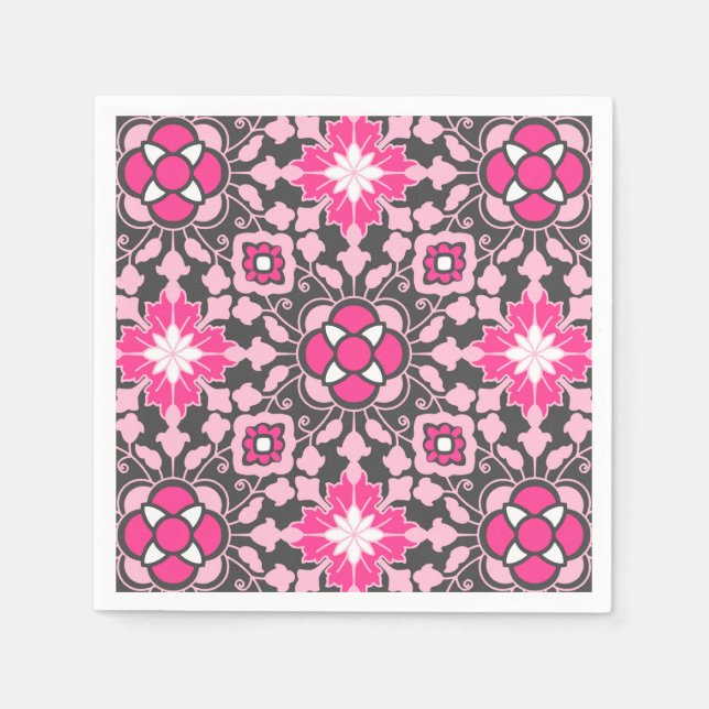 Blommigt Moroccan Tile, Fuchsia Rosa & Grått / Grå Pappersservett (Framsidan)