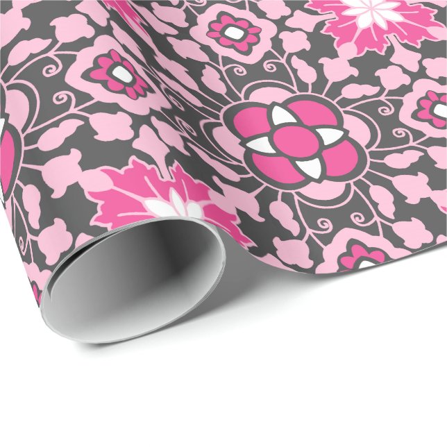 Blommigt Moroccan Tile, Fuchsia Rosa & Grått / Grå Presentpapper (Rullad Hörn)