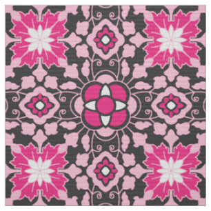 Blommigt Moroccan Tile, Fuchsia Rosa & Grått / Grå Tyg