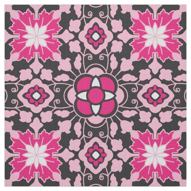 Blommigt Moroccan Tile, Fuchsia Rosa & Grått / Grå Tyg (Provkarta)