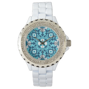 Blommigt Moroccan Tile, Indigo, Himlar Blue och Wh Armbandsur