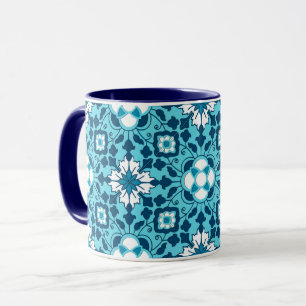 Blommigt Moroccan Tile, Indigo, Himmel Blue and Wh Mugg
