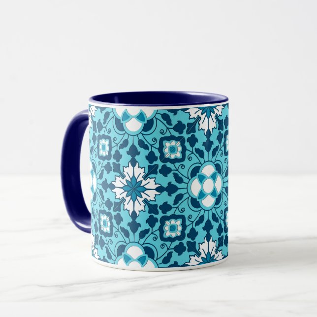 Blommigt Moroccan Tile, Indigo, Himmel Blue and Wh Mugg (Framsida vänster)
