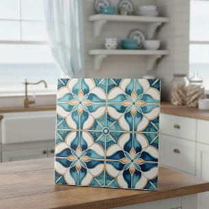 Blommigt Moroccan Tile Mönster#1 Teal White ID1078 Kakelplatta
