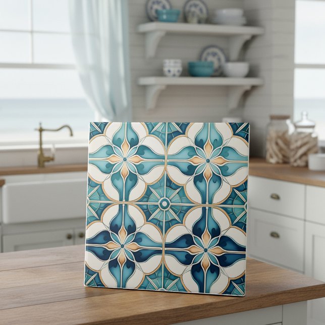 Blommigt Moroccan Tile Mönster#1 Teal White ID1078 Kakelplatta (Skapare uppladdad)