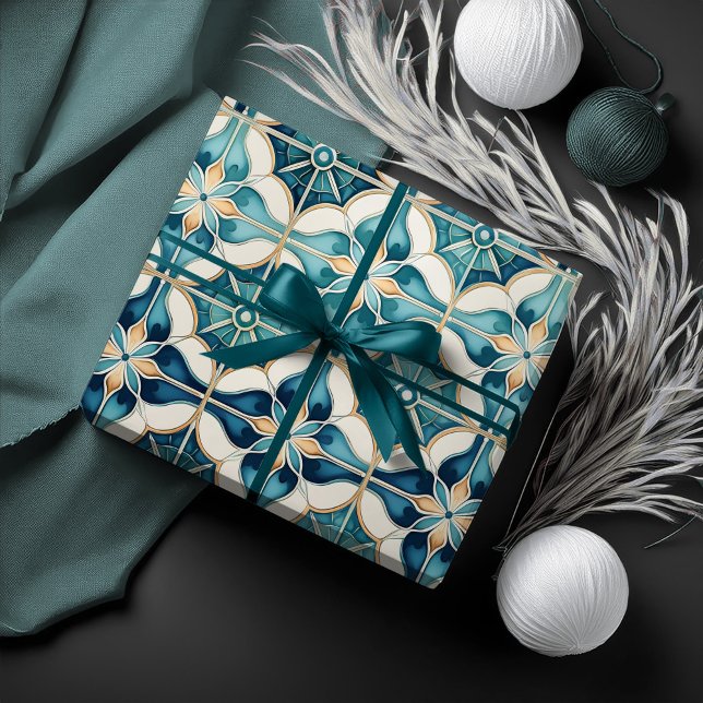 Blommigt Moroccan Tile Mönster#1 Teal White ID1078 Presentpapper (Skapare uppladdad)
