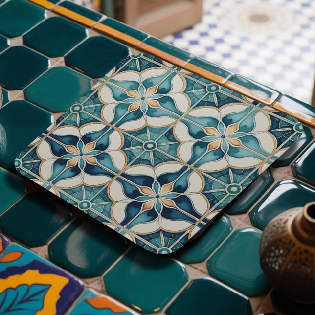 Blommigt Moroccan Tile Mönster#1 Teal White ID1078 Underlägg Papper Kvadrat (Skapare uppladdad)