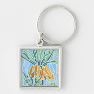 Blommigt Mosaic Design Fyrkantig Silverfärgad Nyckelring