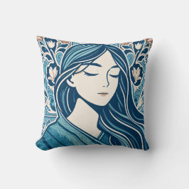 Blommigt Mosaic Woman Illustration in Blue Kimono Kudde