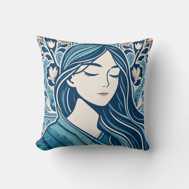 Blommigt Mosaic Woman Illustration in Blue Kimono Kudde (Framsida)