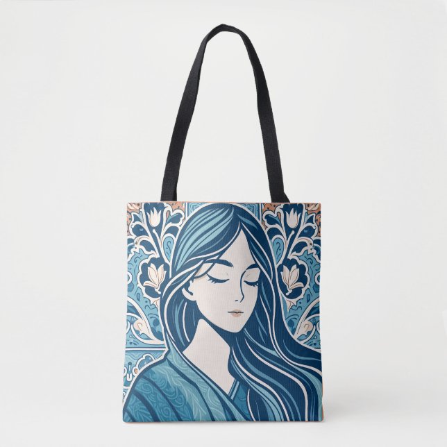 Blommigt Mosaic Woman Illustration in Blue Kimono Tygkasse (Framsida)