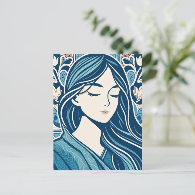 Blommigt Mosaic Woman Illustration in Blue Kimono Vykort (Stående Fram)