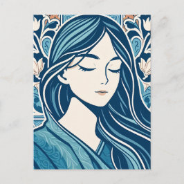 Blommigt Mosaic Woman Illustration in Blue Kimono Vykort